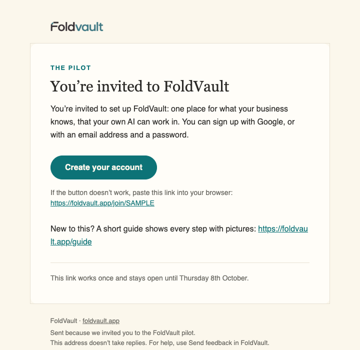 The invitation email, with a green Create your account button