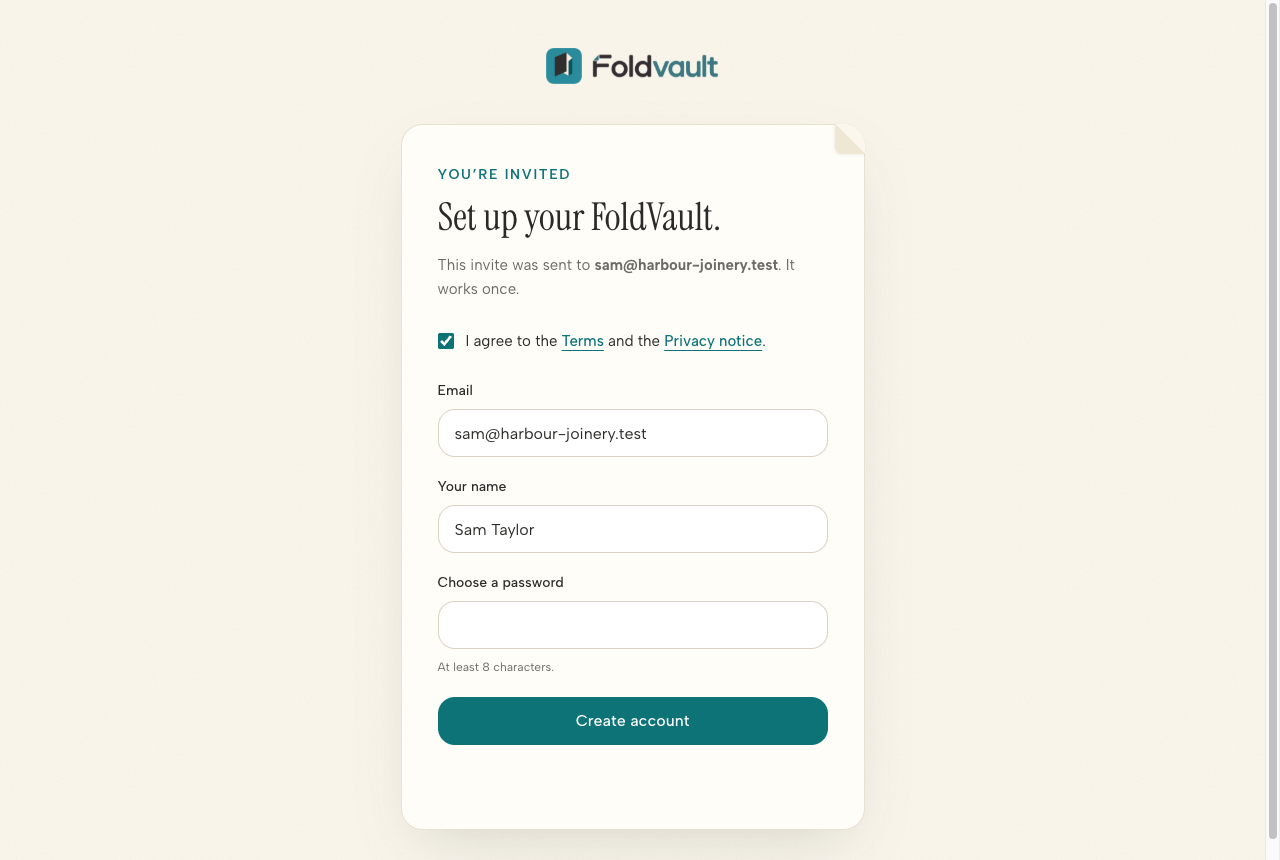 The sign-up page, with the terms box ticked and a name typed in
