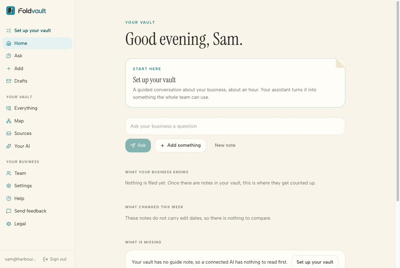 The home page of a new vault, saying Good evening, Sam