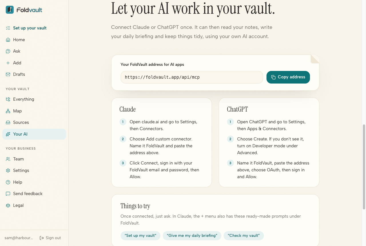 The Your AI page, with the address to copy and the steps for Claude and ChatGPT