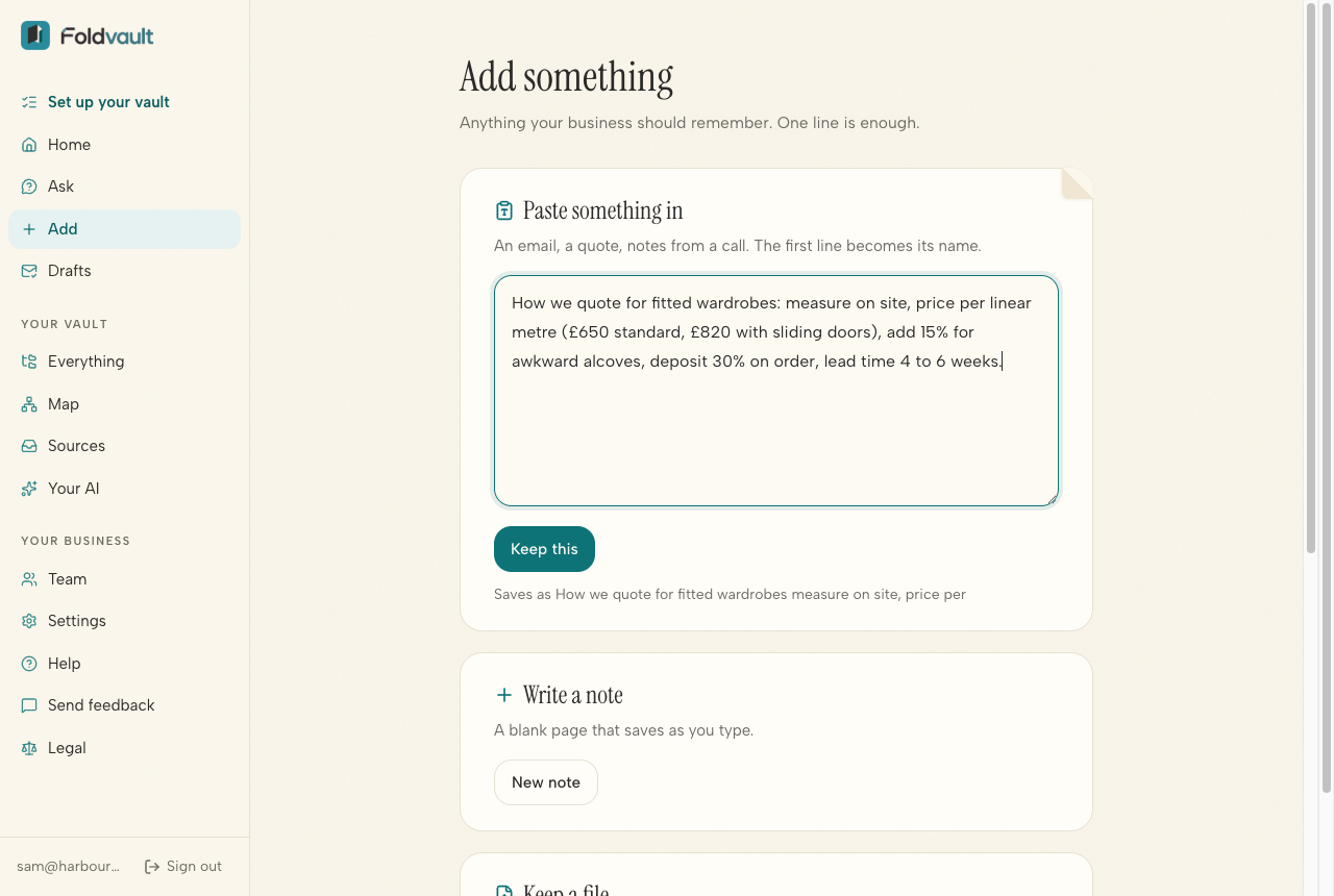 The Add page, with a note about quoting for wardrobes pasted in