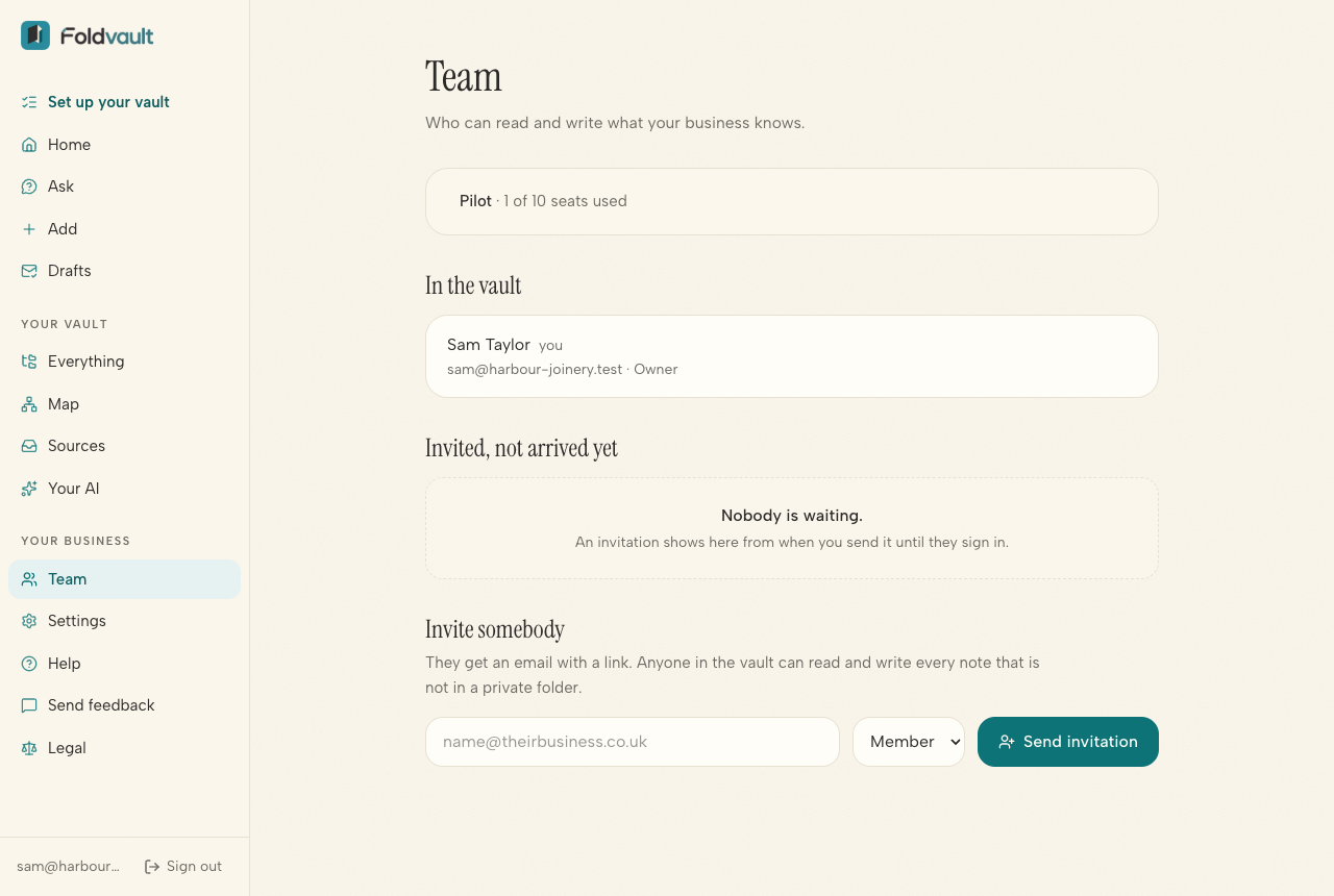 The Team page, showing the owner and the invite button