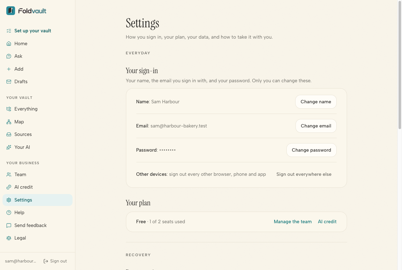 The Settings page, with your sign-in details and your plan